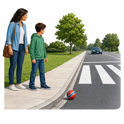 A child waits safely on the sidewalk after a ball rolls near the street.