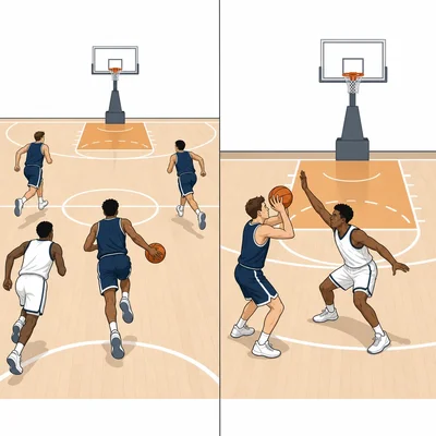 Basketball comparison of an open fast break and a contested half-court shot.