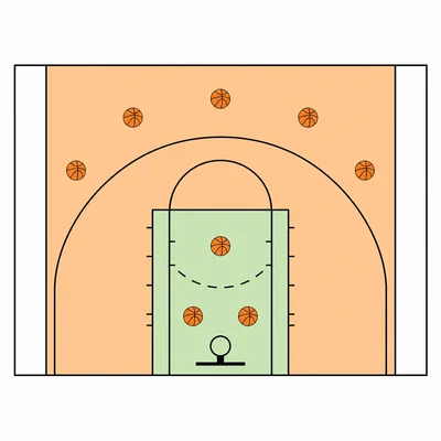 Basketball half court highlighting shots in the paint and outside the paint.