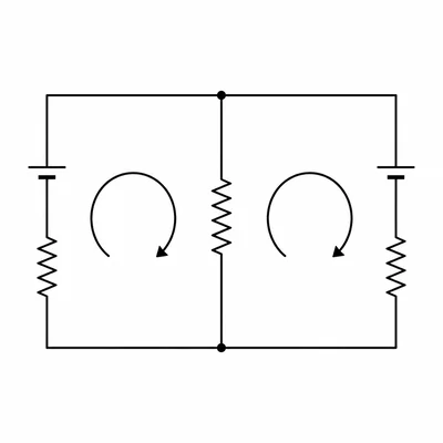 Two circuit loops sharing a central resistor, each with its own battery and resistor.