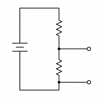 A voltage divider with two series resistors and measurement leads across one resistor.