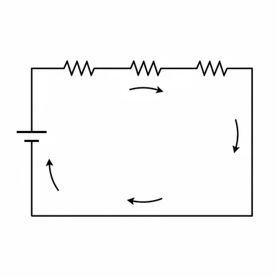 A battery connected in series with three resistors in one closed loop.
