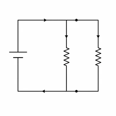 A battery connected to two resistors in parallel branches.