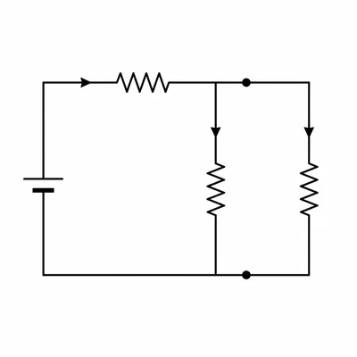 A battery, one series resistor, and two parallel resistors in a combined circuit.
