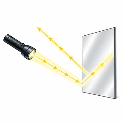 A flashlight beam hits a flat mirror and reflects away.