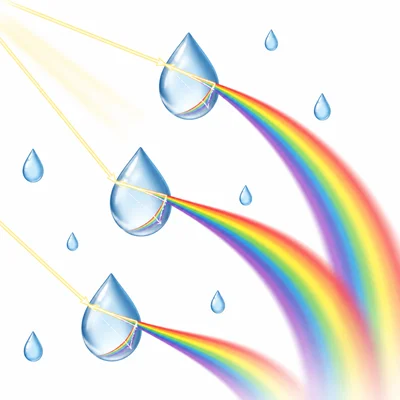 Sunlight passes through raindrops and forms a rainbow.