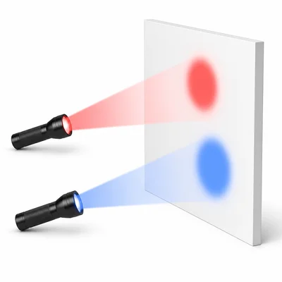Red and blue lights make red and blue spots on a white wall.