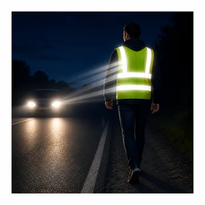 Car headlights reflect from shiny strips on a bright safety vest.