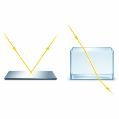 Light reflects off a mirror and bends through a clear block.