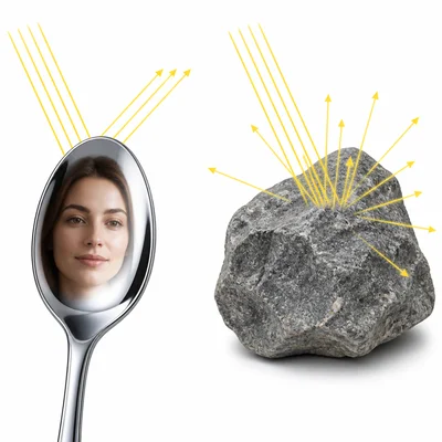 A smooth spoon makes a clear reflection while a rough rock scatters light.