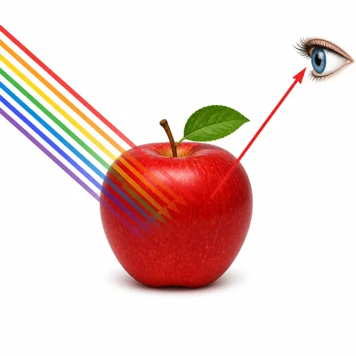A red apple reflects red light toward an eye.