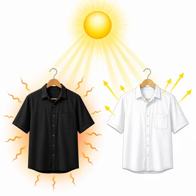 A black shirt absorbs more sunlight while a white shirt reflects more.