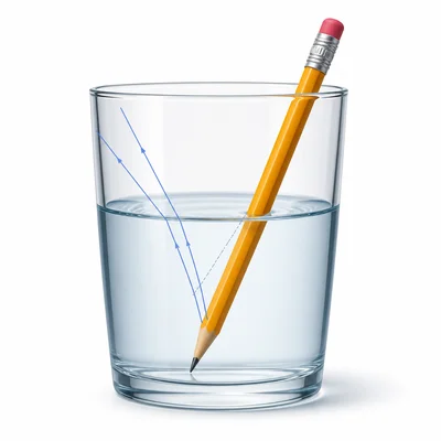 A pencil in a cup of water appears shifted at the water surface.