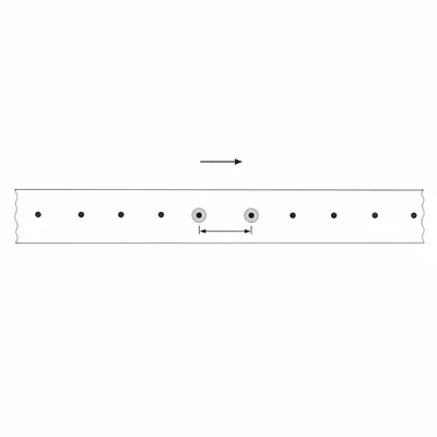 Ticker tape with evenly spaced dots and an arrow showing the distance between two adjacent dots.
