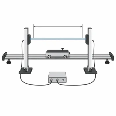 A cart on a track moving between two photogates with a distance arrow between the gates.