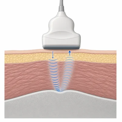 A strong ultrasound echo reflects from a boundary between soft tissue and bone.