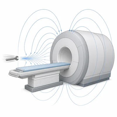 A metal object is attracted toward an MRI scanner by the magnetic field.