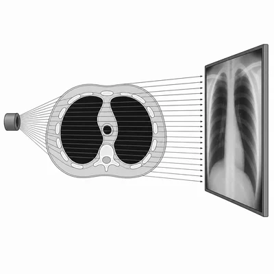 Lung tissue lets more X-rays pass through, making lungs appear darker than bone.