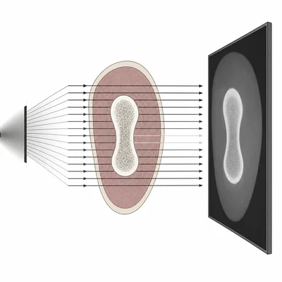 X-rays pass through soft tissue more than bone, producing a lighter bone region on a detector.