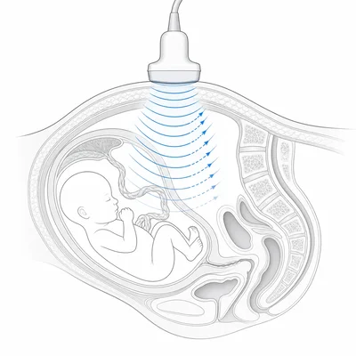 An ultrasound probe sends sound waves into a pregnant abdomen to image a fetus.