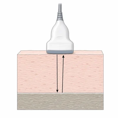 An ultrasound pulse travels to a tissue boundary and returns to the probe.