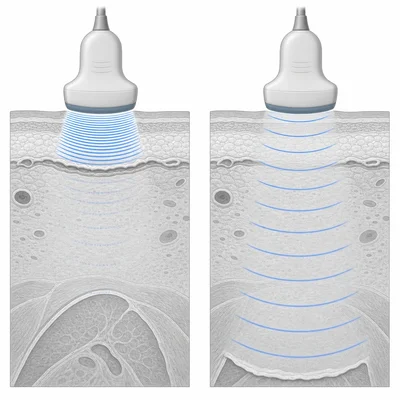 High-frequency ultrasound gives sharper shallow detail, while lower-frequency ultrasound reaches deeper with less detail.