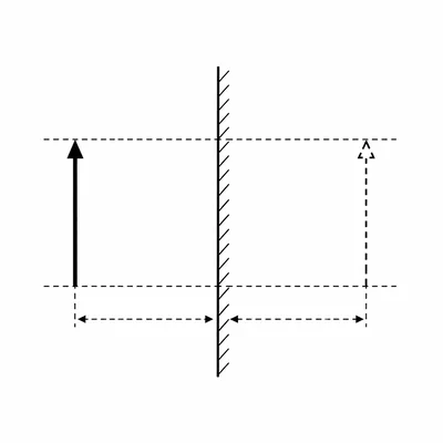 Plane mirror showing a same-height upright virtual image at equal distance behind the mirror.