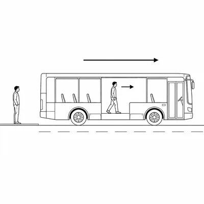Bus moving right with a passenger walking right inside and an observer on the sidewalk.