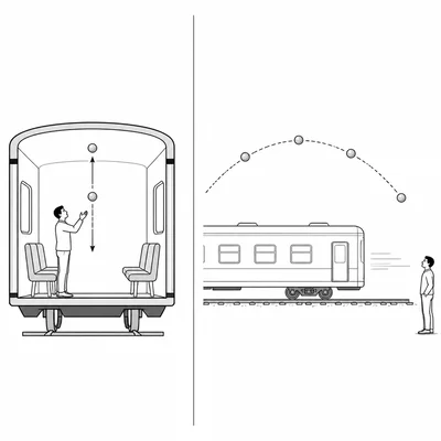 Inside the train the ball moves vertically; from the ground it follows a forward arc.