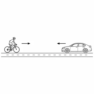 Cyclist moving right and car moving left on the same road.