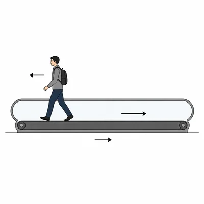 Moving walkway carries right while traveler walks left, producing a small rightward net motion.
