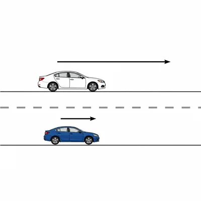 Two cars moving right on a highway, one with a longer arrow than the other.