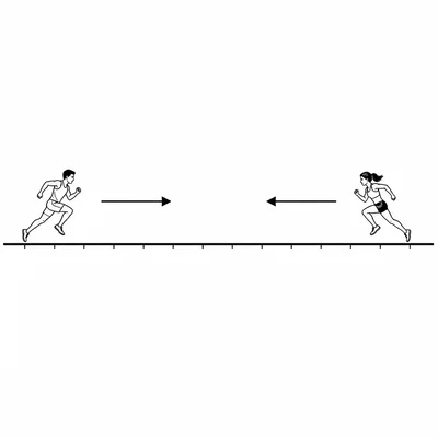 Two runners on a track moving toward each other with opposite arrows.