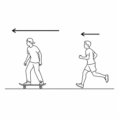 Skateboarder and jogger both moving left, with the skateboarder faster.