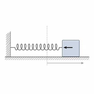 Spring-block system displaced right with acceleration directed left toward equilibrium.
