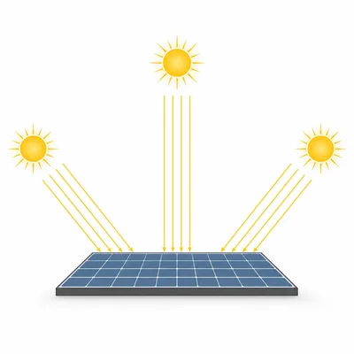 The Sun is highest at midday, with rays striking a solar panel more directly than in morning or afternoon.