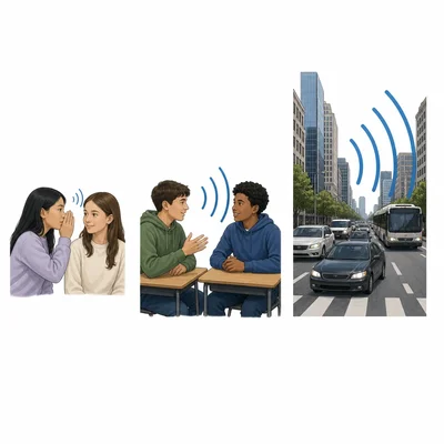 Three scenes show whispering, conversation, and a busy street with increasing sound waves.
