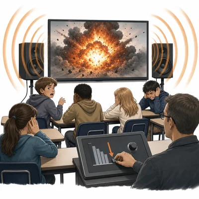 Students react to a loud video explosion while the volume is lowered.
