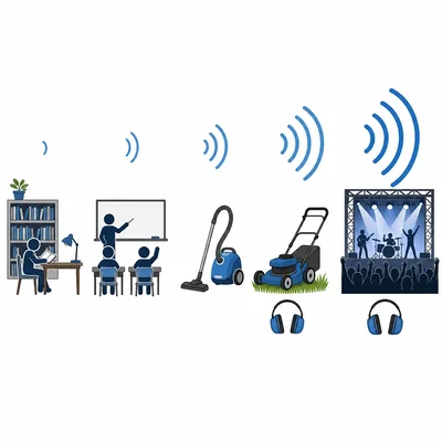 Everyday sounds are shown from quiet to loud, with ear protection near the lawn mower and concert.
