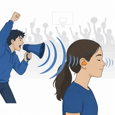 Earplugs reduce large sound waves from a pep rally speaker before they reach a student's ear.