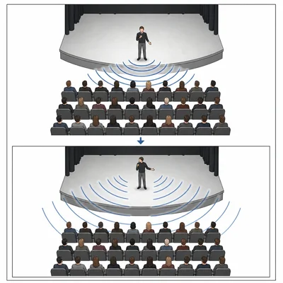 A theater speaker is repositioned and angled so sound spreads more safely across the audience.