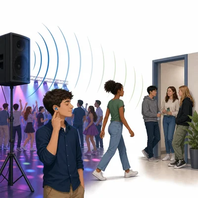 Students at a school dance use earplugs and move away from a loud speaker for hearing safety.