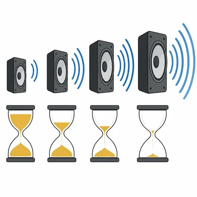 Speakers get louder while hourglasses show safe listening time getting shorter.