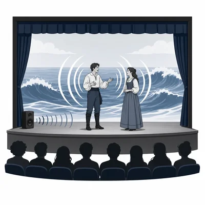 Actors on a stage speak clearly while gentle ocean background sound stays quieter.