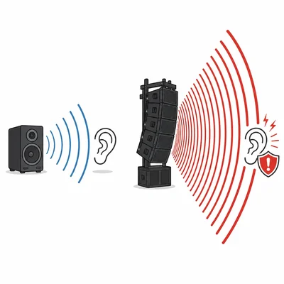 A moderate speaker is compared with a concert speaker producing much more intense sound waves.