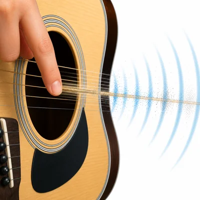 A plucked guitar string vibrates and sends sound waves through the air.