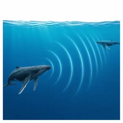 A whale's low-pitched sound waves travel through ocean water to another whale.