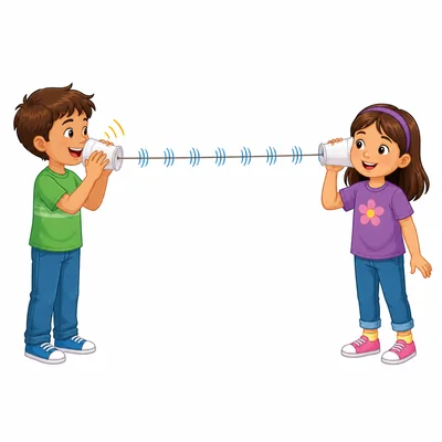 Sound vibrations travel from one cup through a tight string to another cup.
