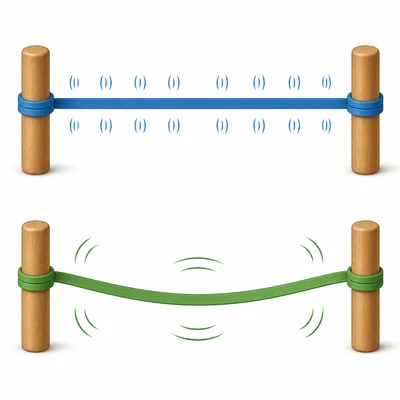 A short tight rubber band and a long loose rubber band shown vibrating differently.
