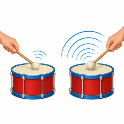 A drum tapped softly makes small sound waves, while the same drum tapped harder makes larger sound waves.